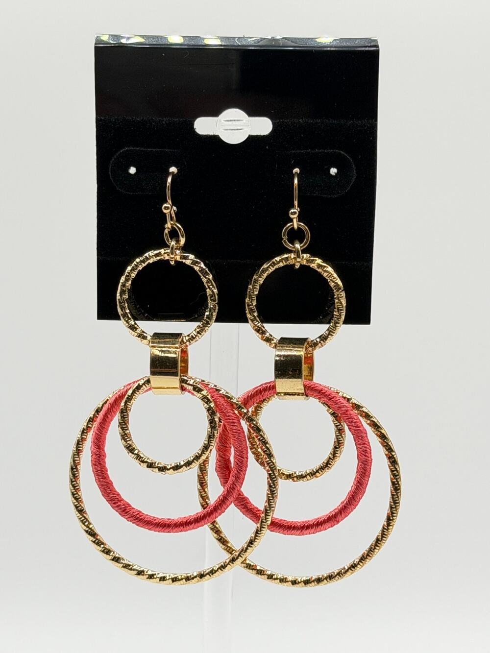 Gold Tone Triple Circle Drop Earrings with Coral Thread Accent